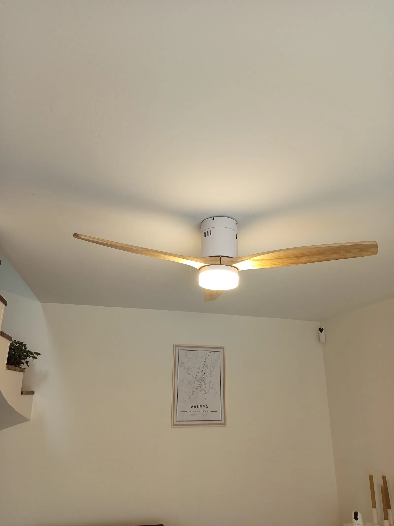 Ventilateur de plafond à pales bois avec éclairage intégré, allumé, installé par M.A.S ELEC 30